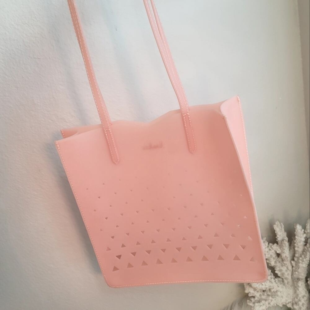 EDDIE BORGO Neiman Marcus Pink Geometric Laser Cut Jelly Tote Bag Open Top Y2K - Picture 7 of 16